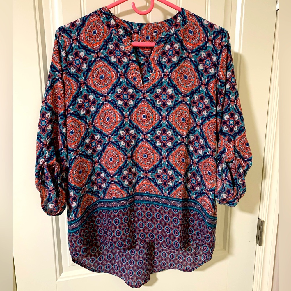 LOFT Boho High Low 3/4 Sleeve Polyester Blouse Tunic Top Women’s Size Medium